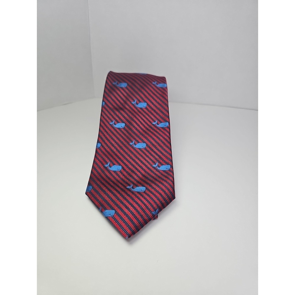 J Crew‎ Neck Tie 100% Silk Red  Navy Blue With Whale Design